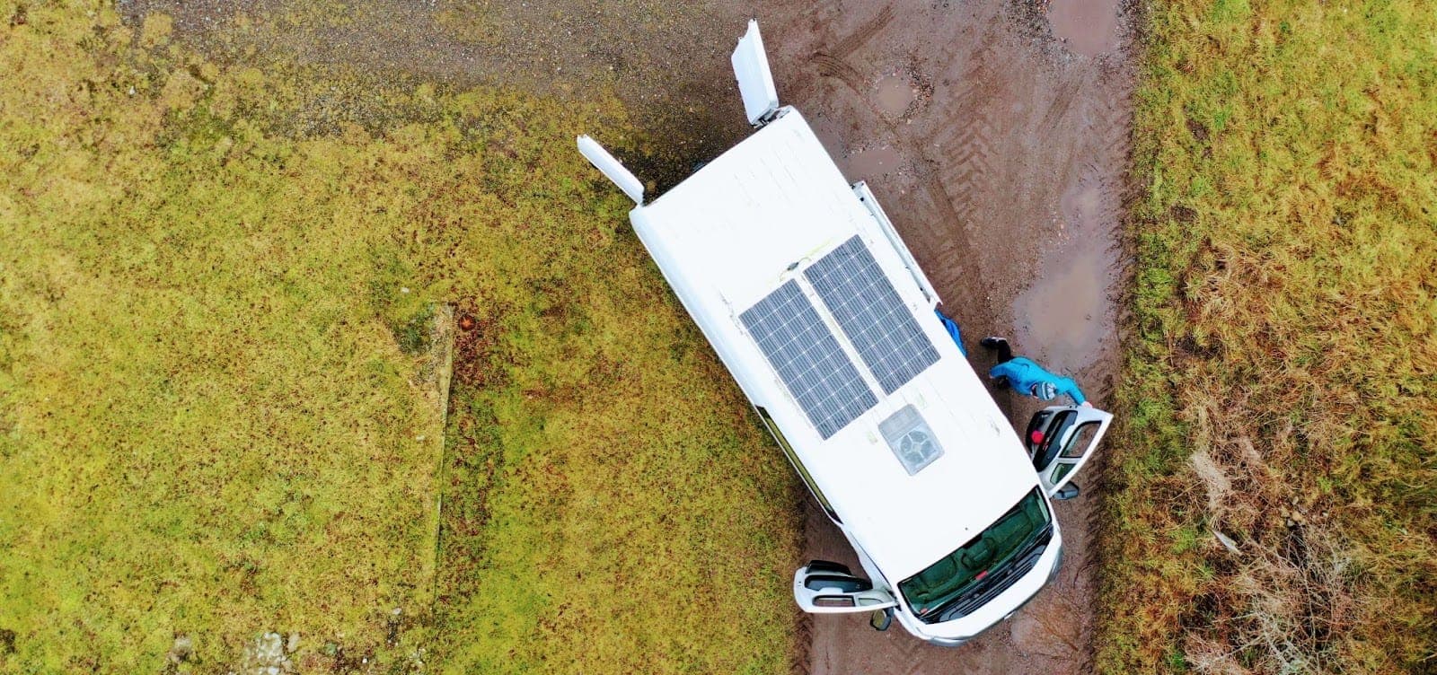 Photo of a campervan from above showing off the solar panels